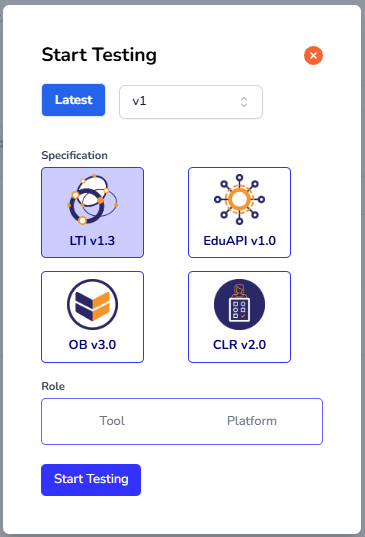 Screenshot of LTI version and role selection